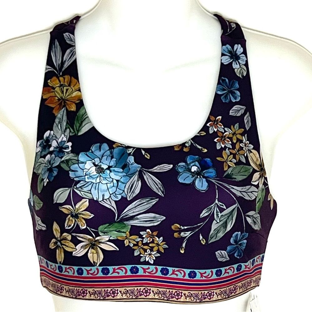 NWT JOHNNY WAS BEE ACTIVE LEXI REVERSIBLE PLUM FORAL SPORTS BRA SIZE XS